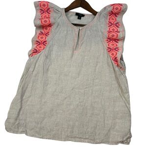 J Crew Embroidered 100% Linen Flutter Sleeve Top Womens M Coastal Cottagecore